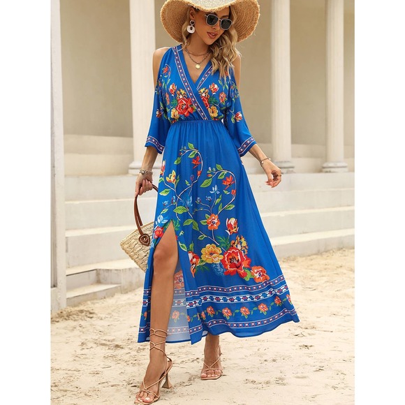 boho Floral Print Cold Shoulder maxi Dress cream - Picture 8 of 12